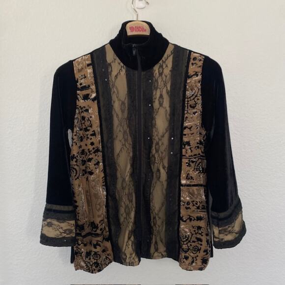 Coldwater Creek Jacket Burnout Velvet Lace Dark Romance Black & Gold Women's PM - Picture 1 of 12